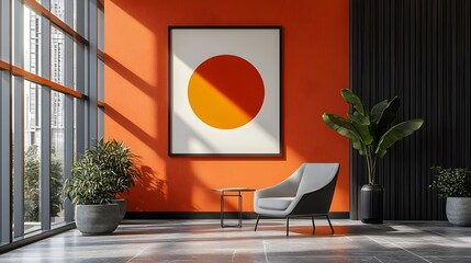 Aufkleber - Cozy and modern living room interior design with vibrant orange and yellow accents minimalist furniture natural plants and a framed abstract art piece on the wall
