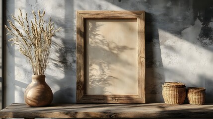 Poster - Cozy and Rustic Home Decor Still Life with Wooden Frame Dried Flower Vase and Soft Natural Lighting Creating a Peaceful and Inviting Atmosphere
