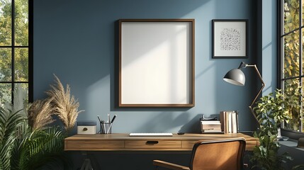 Aufkleber - Cozy and serene home office workspace with panoramic nature view through large window  Minimalist and modern interior design with natural rustic elements and comfortable furnishings  Inspiring