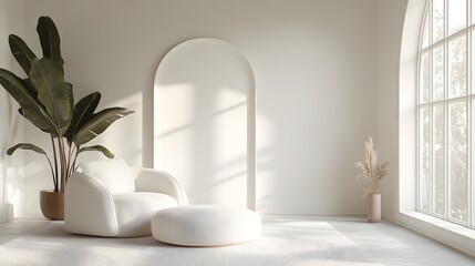 Aufkleber - Cozy and Serene Minimalist Living Room Interior with Comfortable Armchair Natural Light Streaming Through Arched Window and Potted Greenery Decor