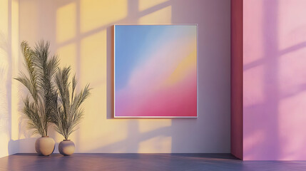 Poster - Cozy and serene minimalist interior design with framed abstract art wall decor natural lighting through window