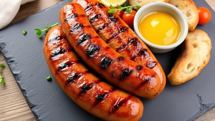 Wall Mural - grilled sausages with a glossy, caramelized surface, served on a dark slate plate with a side of sliced bread and a small bowl of mustard.