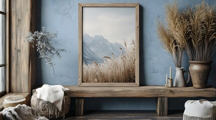 Aufkleber - Cozy and serene rustic interior design with a wooden bench framed nature artwork and botanical decor elements like a vase of dried flowers  The room has a calm peaceful atmosphere with a minimalist