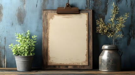 Aufkleber - Cozy and serene still life composition featuring a vintage wooden frame potted green plant and rustic metal vase against a weathered wooden board backdrop  The natural
