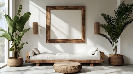 Aufkleber - Cozy and serene tropical inspired living room with minimalist design natural wood furniture rattan decor and lush indoor plants creating a calming and harmonious atmosphere