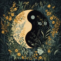 Wall Mural - Yin and yang symbol surrounded by various floral elements