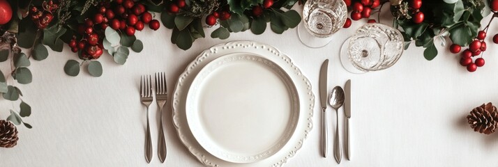 Poster - Elegant holiday dining table set for a festive gathering with seasonal decor and tableware in a cozy setting. Generative AI