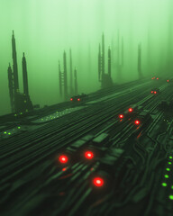 Poster - A moody, low-lit environment where the circuit boardâ€™s luminous tracks are the primary light