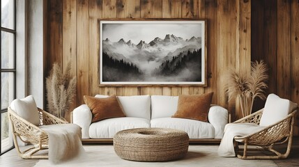 Aufkleber - Cozy and Warm Rustic Style Living Room Interior with Panoramic Mountain Landscape View Through Window in Wooden Cabin Retreat