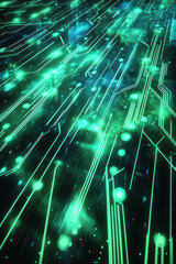 Poster - A bold, neon-inspired design of a circuit board in electric blues and greens, with glowing nodes