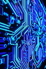 Fototapete - A bold, neon-inspired design of a circuit board in electric blues and greens, with glowing nodes
