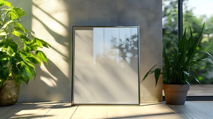 Aufkleber - Cozy indoor setting with potted houseplants placed near a sunlit window creating a serene and tranquil atmosphere with natural reflections and shadows on the glass frame