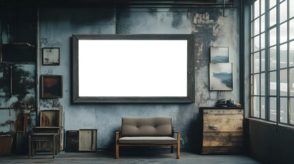 Aufkleber - Cozy rustic loft interior with vintage furniture framed artwork and natural lighting creating a serene and reflective atmosphere  The room evokes a nostalgic and atmospheric vibe