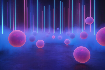 Wall Mural - A dynamic arrangement of spheres at varying depths, each reflecting streaks of neon light, evoking