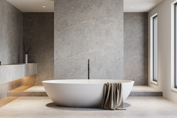 Wall Mural - Minimalist bathroom interior with modern freestanding bathtub in gray stone setting. 3D Rendering