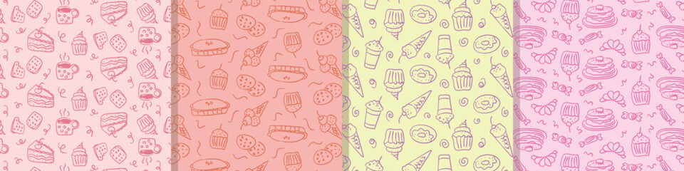 Hand drawn food doodles pattern set. Sketch style delivery cafe and restaurant background. Set vector doodle pattern of food, drink, dessert, for invitations, menus for confectionery. 
