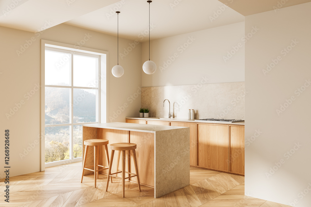 Modern minimalist kitchen with wooden cabinets and light marble island ...