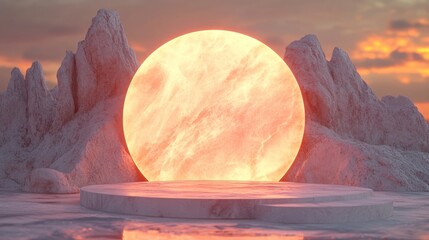 Wall Mural - Marble podium with glowing orb between snowy mountains at sunset.