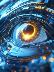 Poster - Close up view of a glowing robotic eye surrounded by intricate circuits in a futuristic setting. Generative AI