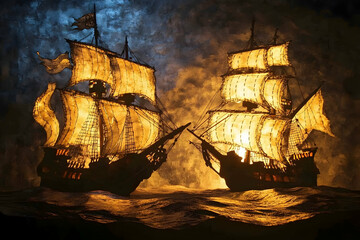 Wall Mural - a_dramatic_scenea dramatic scene of two pirate ships clashing in the ocean, with one ship on fire an