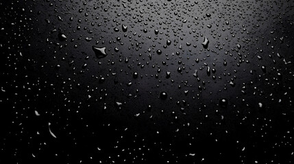 Leinwandbilder - Detailed close up view of numerous small water droplets or rain drops on a shiny glossy black background  The drops create an abstract textural pattern with reflections and highlights