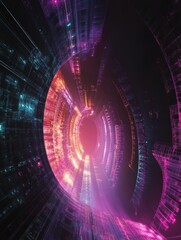 Aufkleber - Vibrant abstract digital artwork depicting a swirling tunnel of light in a futuristic space. Generative AI