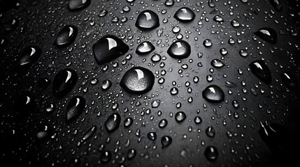 Fototapete - Detailed close up view of numerous water droplets or raindrops gathered on a dark glossy and reflective surface creating an abstract and minimalist pattern with a sense of freshness and transparency