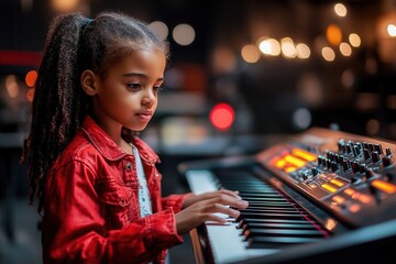 Child musician performing on an electronic keyboard in studio.