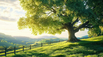 Wall Mural - majestic tree stands in a sunlit field with rolling hills and wooden fence at golden hour
