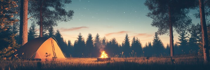 Poster - Camping under a starry sky with a glowing campfire near a cozy tent in a forest clearing. Generative AI