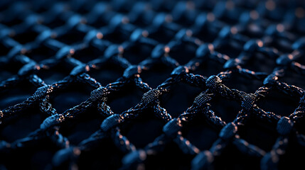Close Up of Dark Blue Knitted Netting with Small Knots in Studio Lighting Creates an Abstract Textured Background Pattern with Depth of