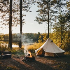 Leinwandbilder - Campfire glow illuminates a cozy tent by the lakeside during sunset in a serene woodland setting. Generative AI