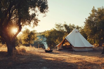 Aufkleber - Relaxing camping experience in a serene olive grove during sunset with a cozy tent and warm campfire. Generative AI