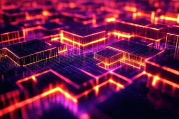 Leinwandbilder - Digital landscape with glowing structures and vibrant colors in a futuristic setting. Generative AI