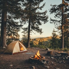 Poster - Campfire at sunset with a tent set in a peaceful forest clearing. Generative AI