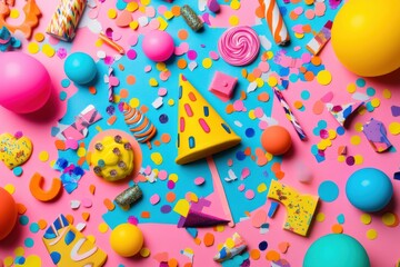 Poster - Festive celebration layout with colorful balloons, confetti, and party accessories on vibrant pink background. Generative AI