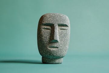 Minimalist stone head sculpture against a monochromatic teal background