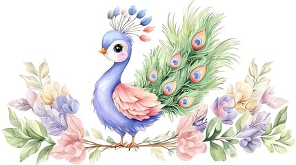 Naklejka na meble Playful chibi peacock with a tiny colorful tail, delicate watercolor feathers, and a proud stance, standing on a white background