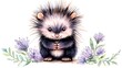 © Natcharat - Playful chibi porcupine with soft quills, looking shy, soft watercolor textures, white background