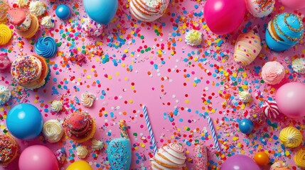 Poster - Festive celebration decorations featuring colorful balloons, confetti, cakes, and party hats on a vibrant pink background. Generative AI