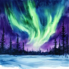 Leinwandbilder - Colorful northern lights dance over a snowy landscape in winter night sky with silhouetted trees in background. Generative AI