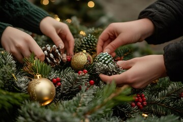 Wall Mural - florists arranging christmas decoration with golden balls and pine cones