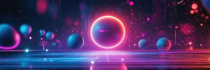 Leinwandbilder - Vibrant neon spheres and glowing orb illuminate a futuristic digital landscape at night. Generative AI