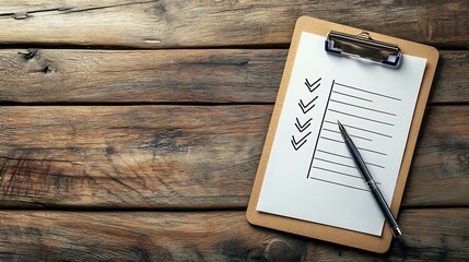 Fototapete - A clipboard with a checklist placed on a wooden desk, with a pen resting on top, representing task organization