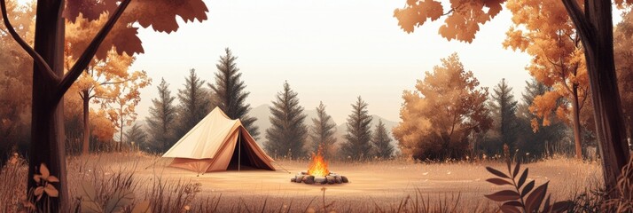 Poster - Cozy camping setup in a serene autumn forest with a warm campfire and a tent set against a backdrop of colorful trees. Generative AI
