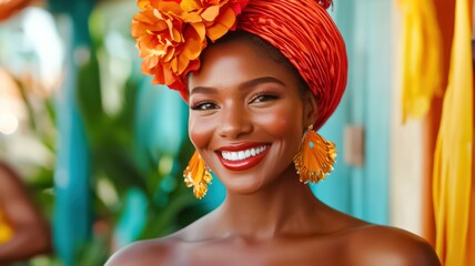 A radiant African black woman smiles brightly, adorned with a vibrant orange headwrap and matching earrings, set against a colorful backdrop of tropical hues, Black History Month