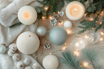 Wall Mural - christmas decoration with burning candles, pine branches and string lights creating cozy festive atm