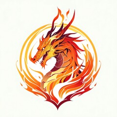 Wall Mural - Fiery Dragon Head Emblem: A majestic illustration of a dragon's head engulfed in vibrant flames, set against a white backdrop. The design is symbolic of power, strength, and mythical creatures.