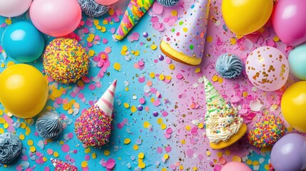 Poster - Colorful festive decorations with balloons, confetti, and cakes create a joyful party atmosphere for celebrations and gatherings. Generative AI