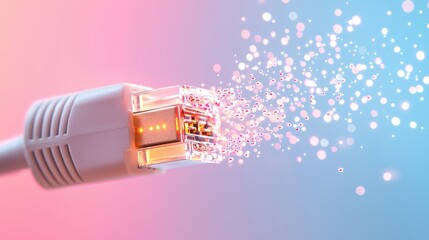 Wall Mural - a close up of a network cable plugged into a router, with data packets flowing through the wires at 